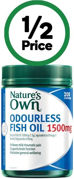 Woolworths Nature’s own odourless fish oil 1500mg capsules pk 200~ offer