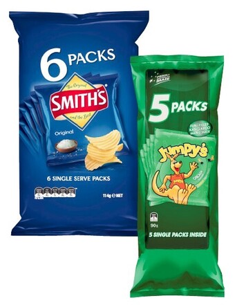 Coles Jumpy's 5 pack or smith's crinkle cut chips or twisties 6 pack offer