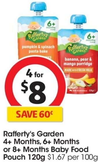 Coles Rafferty's Garden 4+ Months, 6+ Months or 8+ Months Baby Food Pouch 120g offer