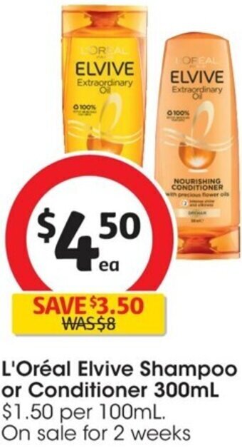 Coles L'Oréal Elvive Shampoo or Conditioner 300ml offer