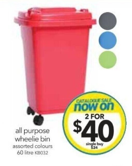 All Purpose Wheelie Bin Assorted Colours 60 Litre offer at Cheap as Chips
