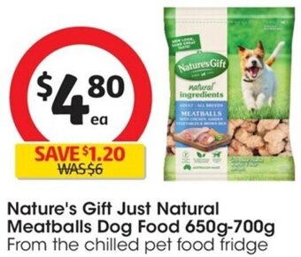 Coles Nature's Gift Just Natural Meatballs Dog Food 650g- 700g offer