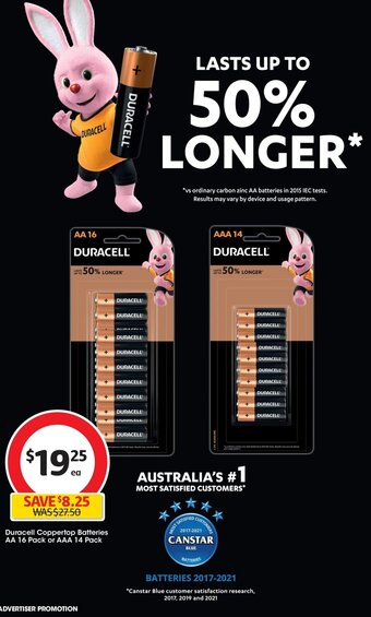 Coles Duracell Coppertop Batteries AA 16 Pack or AAA 14 Pack offer