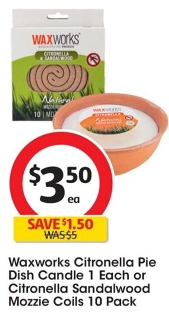 Coles Waxworks Citronella Pie Dish Candle 1 Each or Citronella Sandalwood Mozzie Coils 10 Pack offer