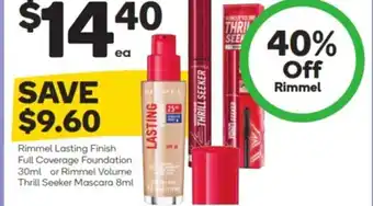 Woolworths Rimmel Lasting Finish Full Coverge Foundation 30 ml Or Rimmel Volume Thrill Seeker Mascara 8ml offer