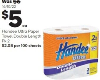 Woolworths Handee Ultra Paper Towel Double Length Pk 2 offer