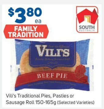 Foodland Vili's Traditional Pies, Pasties or Sausage Roll 150-165g offer