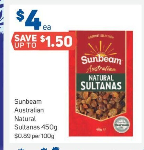 Sunbeam Australian Natural Sultanas 450g offer at Foodland