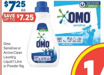 Foodland Omo Sensitive or Active Clean Laundry Liquid 1 Litre or Powder 1kg offer