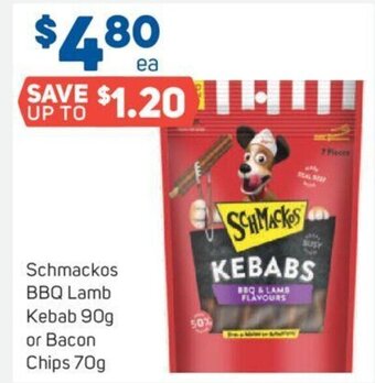 Foodland Schmackos BBQ Lamb Kebab 90g or Bacon Chips 70g offer