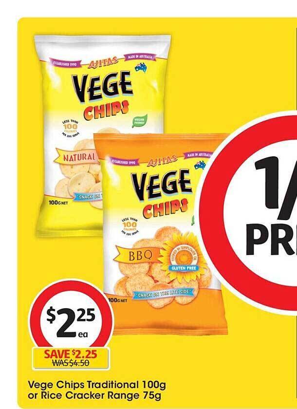 Vege chips traditional or rice cracke range offer at Coles
