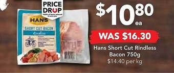 Drakes Hans short cut rindless bacon 750g offer