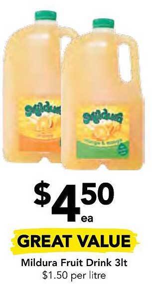 Drakes Mildura fruit drink 3lt offer