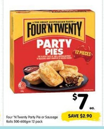 Four N Twenty Party Pie Or Sausage rolls 500-600gm 12 Pack