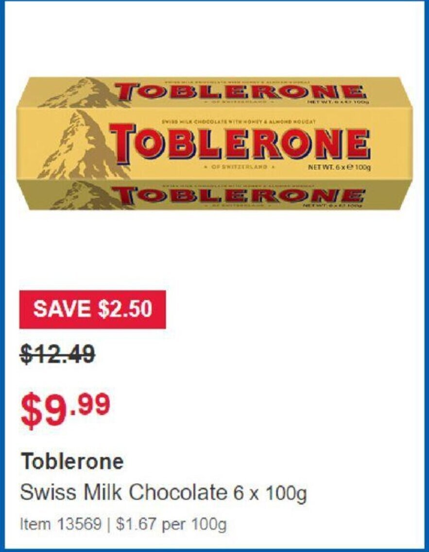 Toblerone Swiss Milk Chocolate 6x 100g offer at Costco