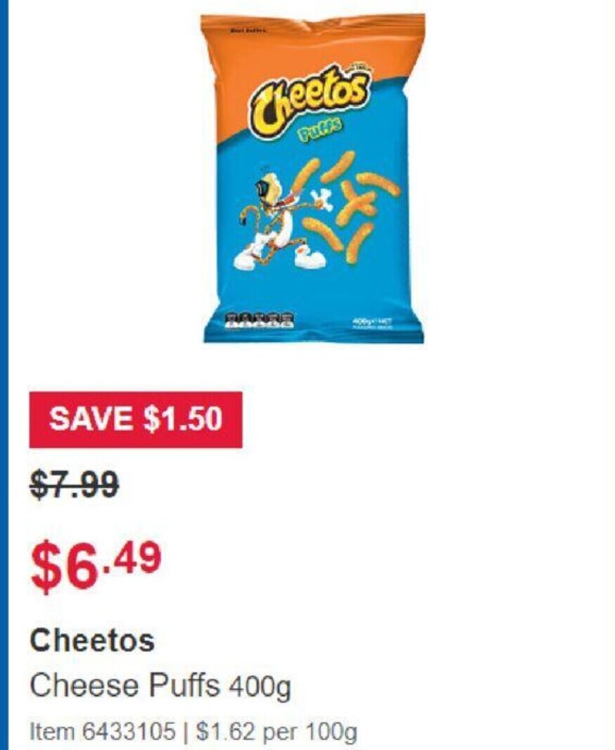 Cheetos Cheese Puffs 400g offer at Costco