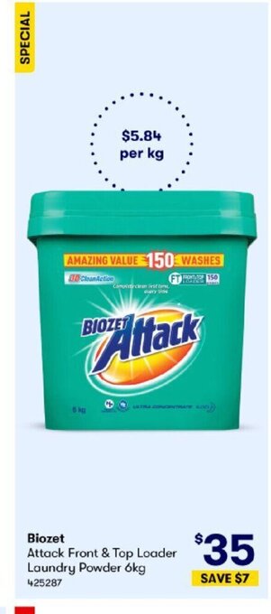 BIG W Biozet Attack Front & Top Loader Laundry Powder 6kg offer