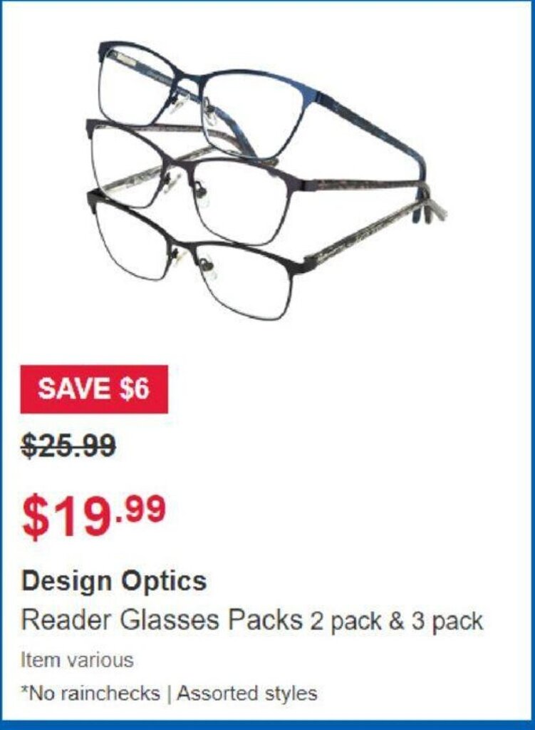 Design Optics Reader Glasses Pack 2 pack & 3 Pack offer at Costco