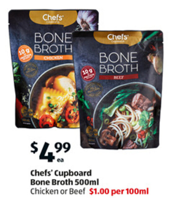 Chefs' Cupboard Bone Broth 500ml offer at ALDI