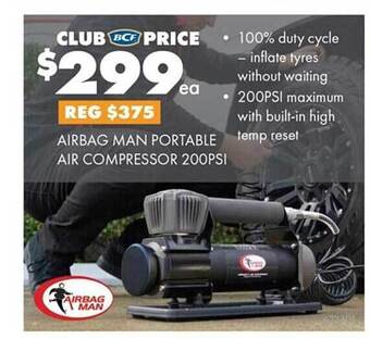 BCF Airbag man portable air compressor 200psi offer