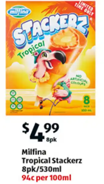 ALDI Milfina Tropical Stackerz 8pk/530ml offer