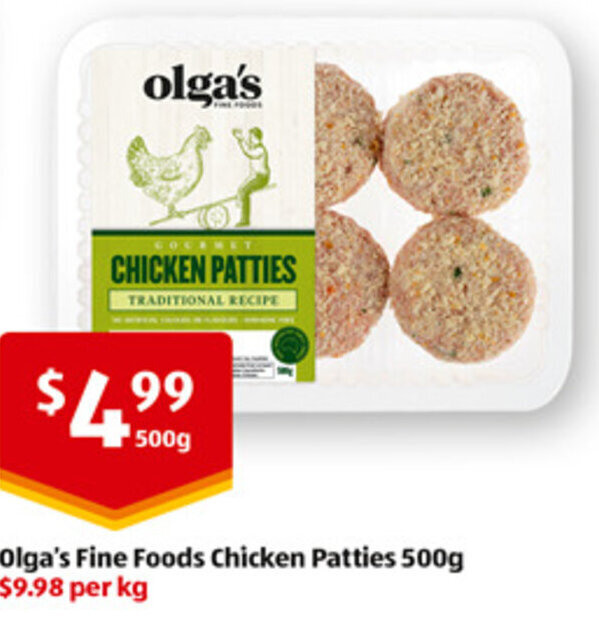 Olga's Fine Foods Chicken Patties 500g offer at ALDI