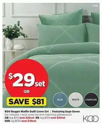 Spotlight Koo reggie waffle quilt cover set or featuring sage green offer