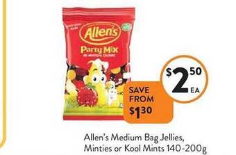 Foodworks Allen's medium bag jellies, minties or kool mints offer