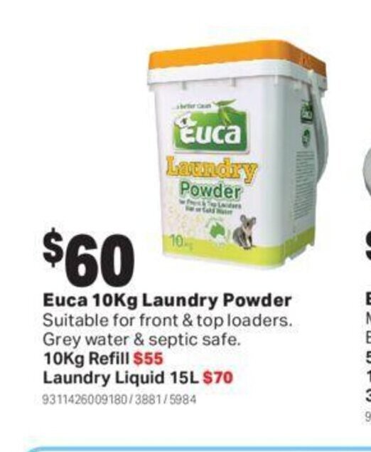 Euca 10kg laundry powder offer at Mitre 10
