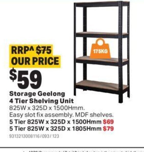 Storage geelong 4 tier shelving unit offer at Mitre 10