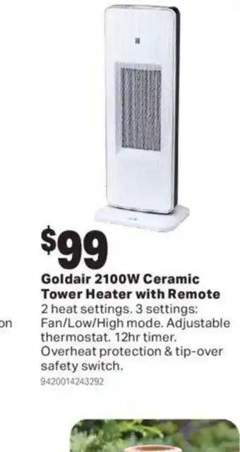 Mitre 10 Goldair 2100w ceramic tower heater witn remote offer