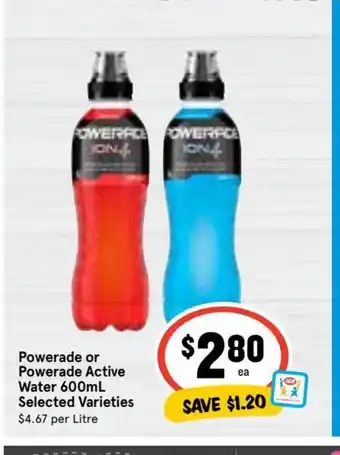 IGA Powerade or Powerade Active Water 600 mL Selected Varieties offer