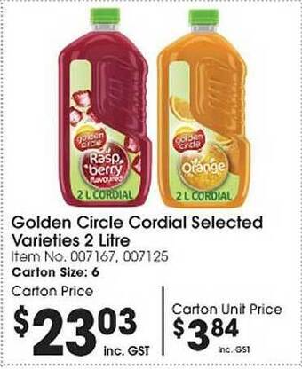 Campbells Wholesale Golden circle cordial offer