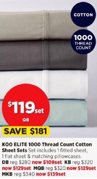 Spotlight KOO Elite 1000 Thread Count Cotton Sheet Sets offer