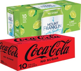 Woolworths Coca-cola, sprite, fanta soft drink can varieties or mount franklin lightly sparkling 10 x 375ml offer