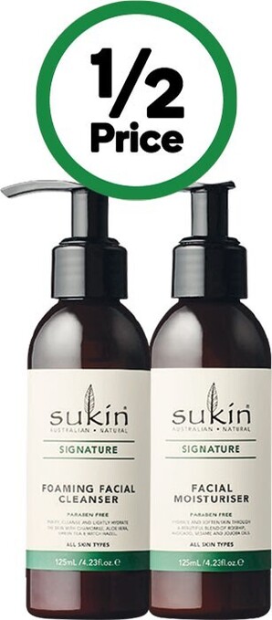 Woolworths Sukin signature foaming facial cleanser pump 125ml or sukin signature facial moisturiser pump 125ml offer