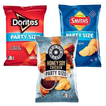 Coles Smith's crinkle cut potato chips, doritos corn chips party size 380g or red rock deli potato chips 290g offer