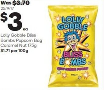 Woolworths Lolly Gobble Bliss Bombs Popcorn Bag Caramel Nut 175g offer
