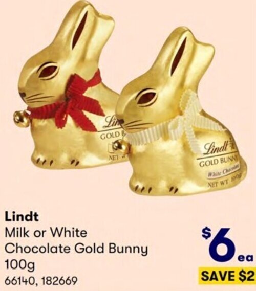Lindt Milk or White Chocolate Gold Bunny 100g offer at Costco