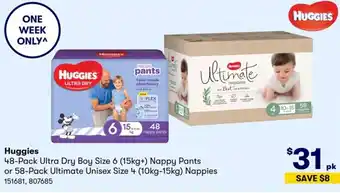 Costco Huggies 48-pack Ultra Dry Baby Size 6 Nappy Pants or 58-Pack Ultimate Unisex Sizes 4 Nappies offer