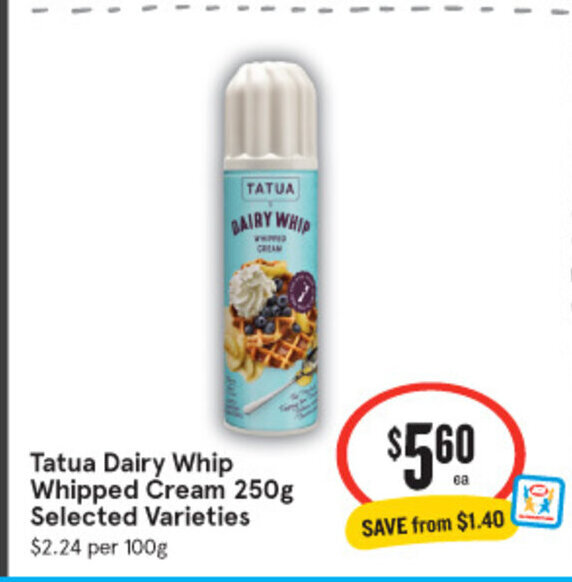 tatua Dairy Whip Whipped Cream 250g offer at IGA