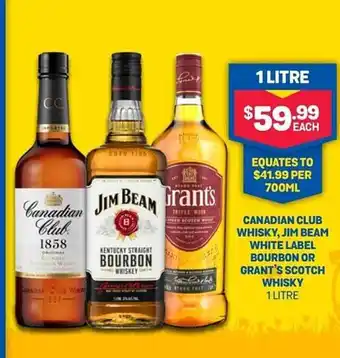 Bottlemart Canadian club whisky, jim beam white label bourbon or grant's scotch whisky offer