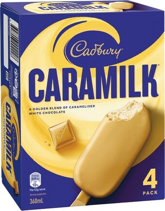 Woolworths Cadbury Caramilk Sticks 360ml Pk 4, Cadbury Bars 300ml or Sticks 360ml Pk 4 – From the Freezer offer
