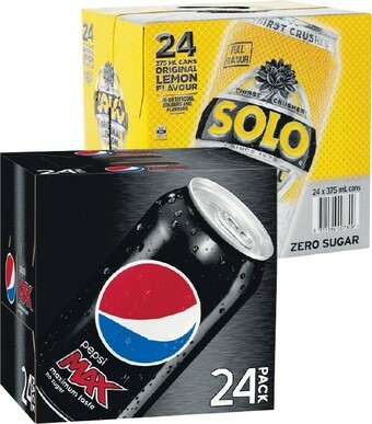 Woolworths Pepsi, Solo, Mountain Dew or Schweppes Lemonade Soft Drink Can Varieties 24 x 375ml offer