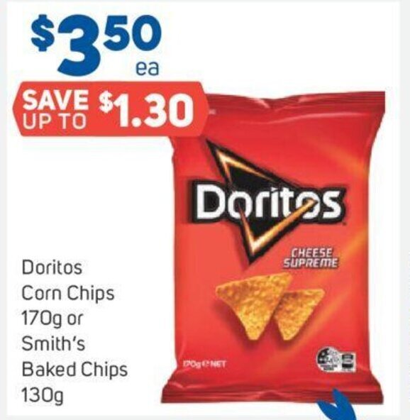 Doritos Corn Chips 170g or Smith's Baked Chips 130g offer at Foodland