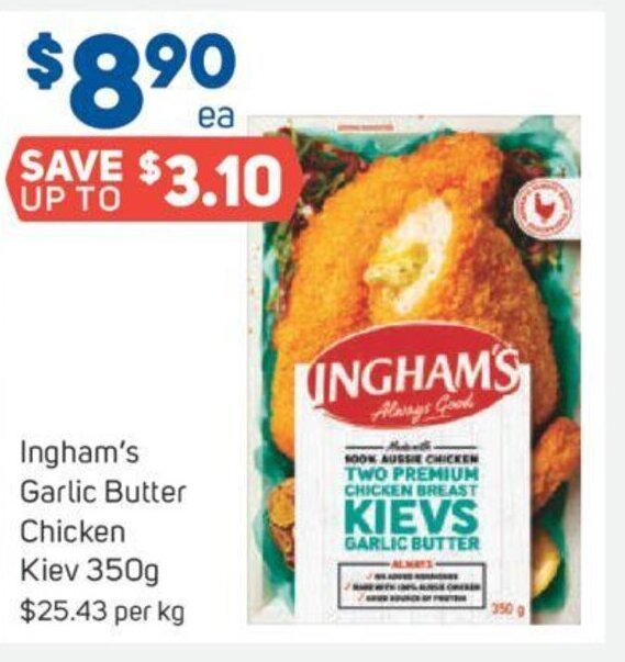 Ingham's Garlic Butter Chicken Kiev 350g offer at Foodland