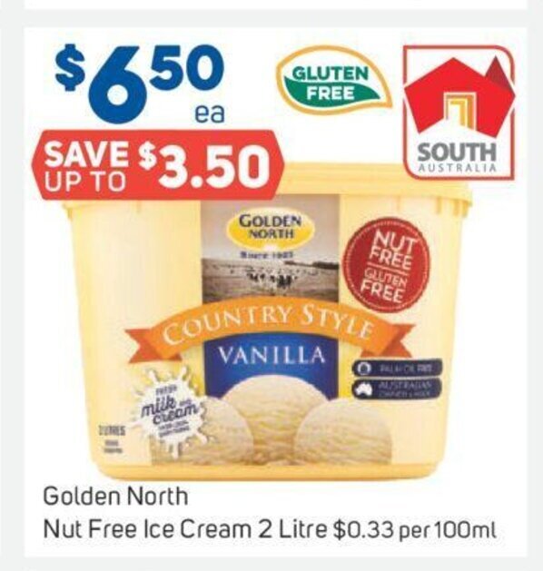 Golden North Nut Free Ice Cream 2 Litre offer at Foodland