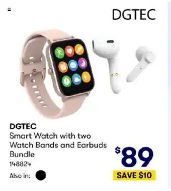 BIG W DGTEC Smart Watch with Two Watch Bands and Earbuds Bundle offer