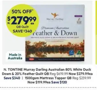 Harris Scarfe Tontine Murray Darling Australian 80% White Duck Down & 20% Feather Quilt QB offer
