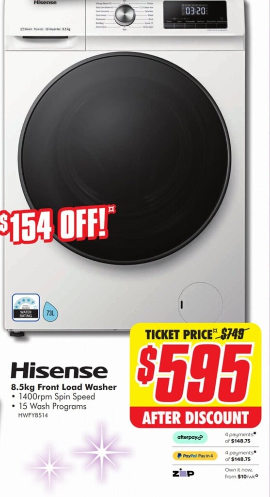 HISENSE 8.5kg front load washer offer at The Good Guys